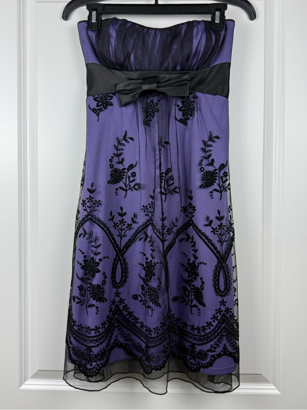 Suzy Shier Purple Strapless Embroidered Dress with Black Sash